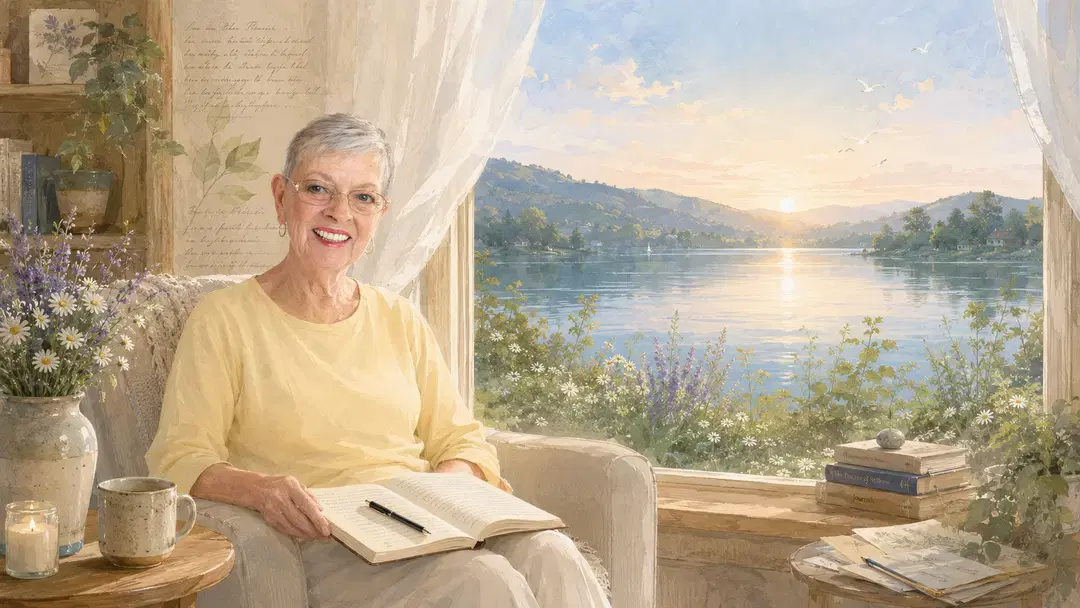 Betty Lue writing Loving Reminders by a sunny window overlooking a lake
