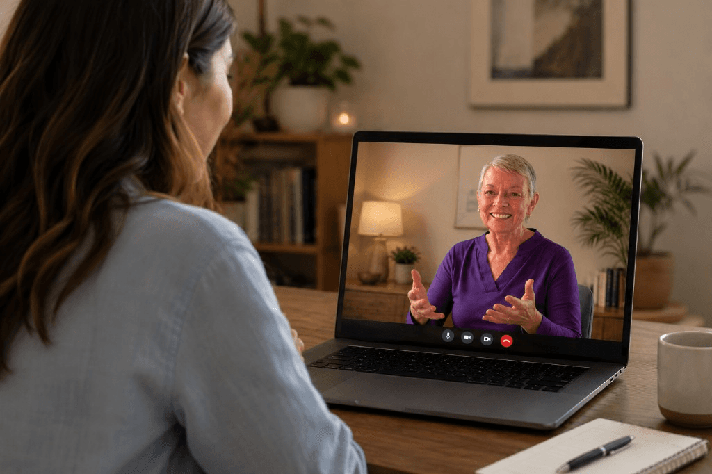 Betty Lue Lieber meeting with a client during a telehealth session