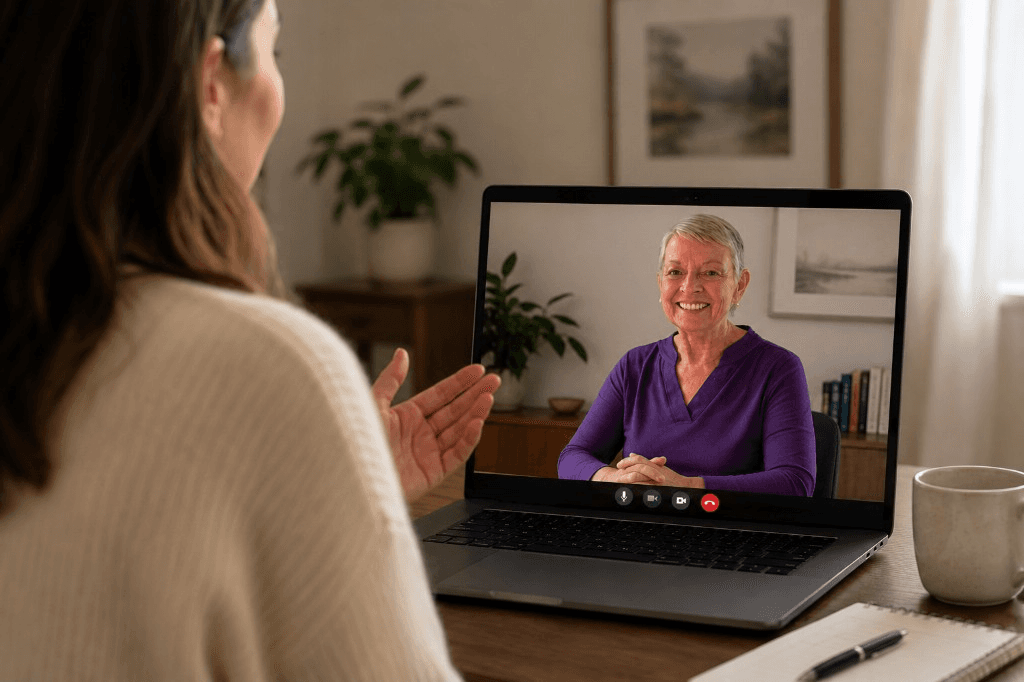 Client meeting Betty Lue Lieber for a telehealth therapy session on a laptop